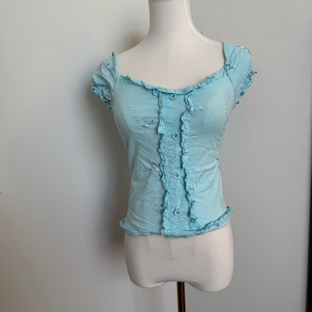Y2K Light Blue Ruffled Women's Top milkmaid S coquette coastal cowgirl - Picture 2 of 5